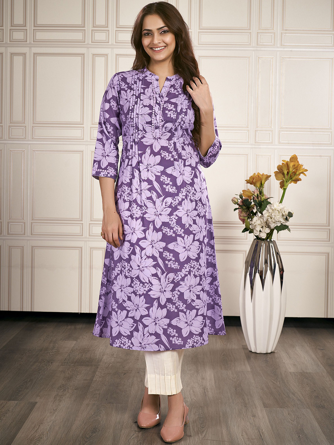 

IWUMAN Floral Printed Mandarin Collar A-Line Kurta, Purple