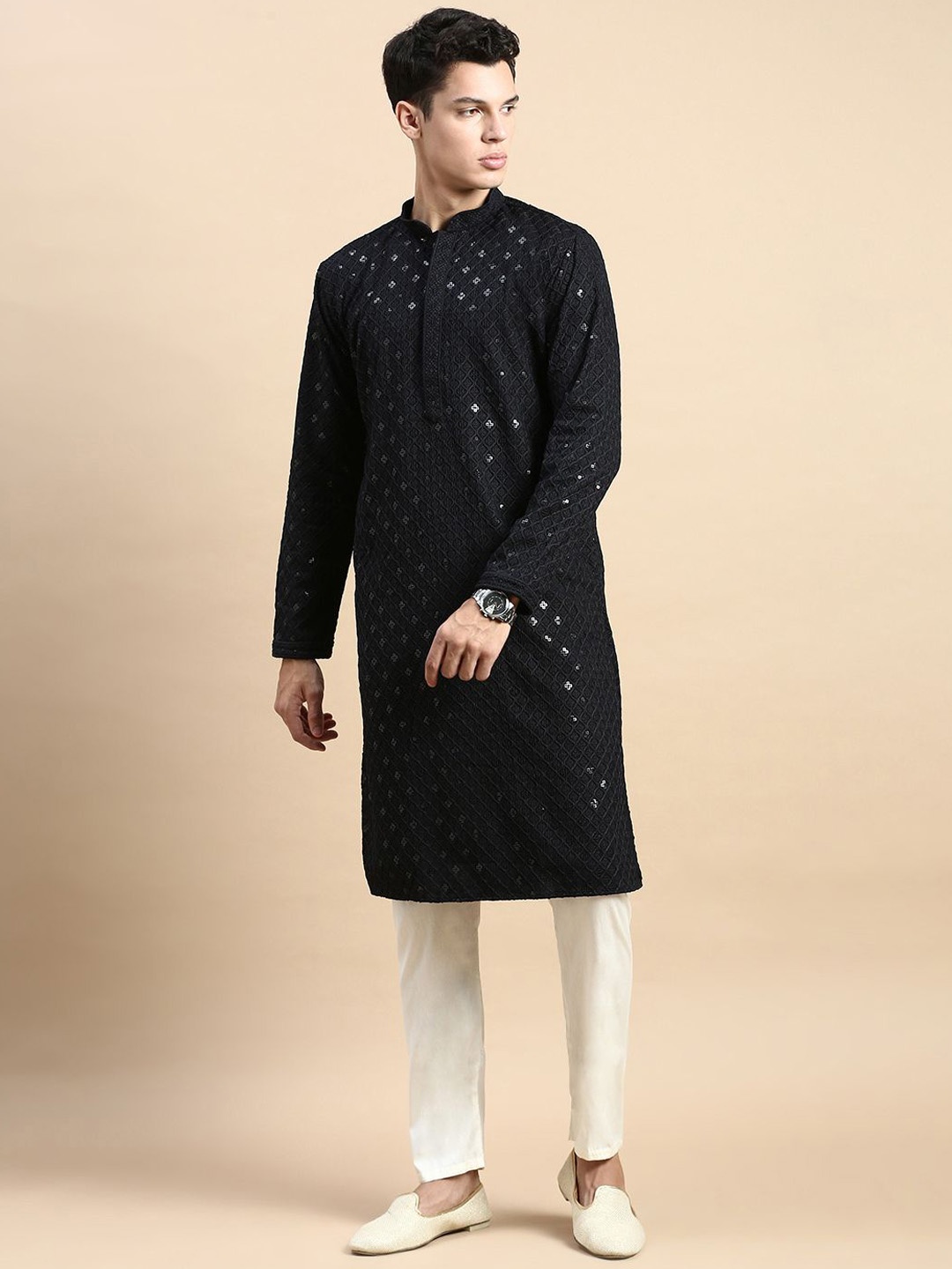 

Rishika Men Ethnic Motifs Embroidered Regular Sequinned Pure Cotton Kurta with Pyjamas, Black