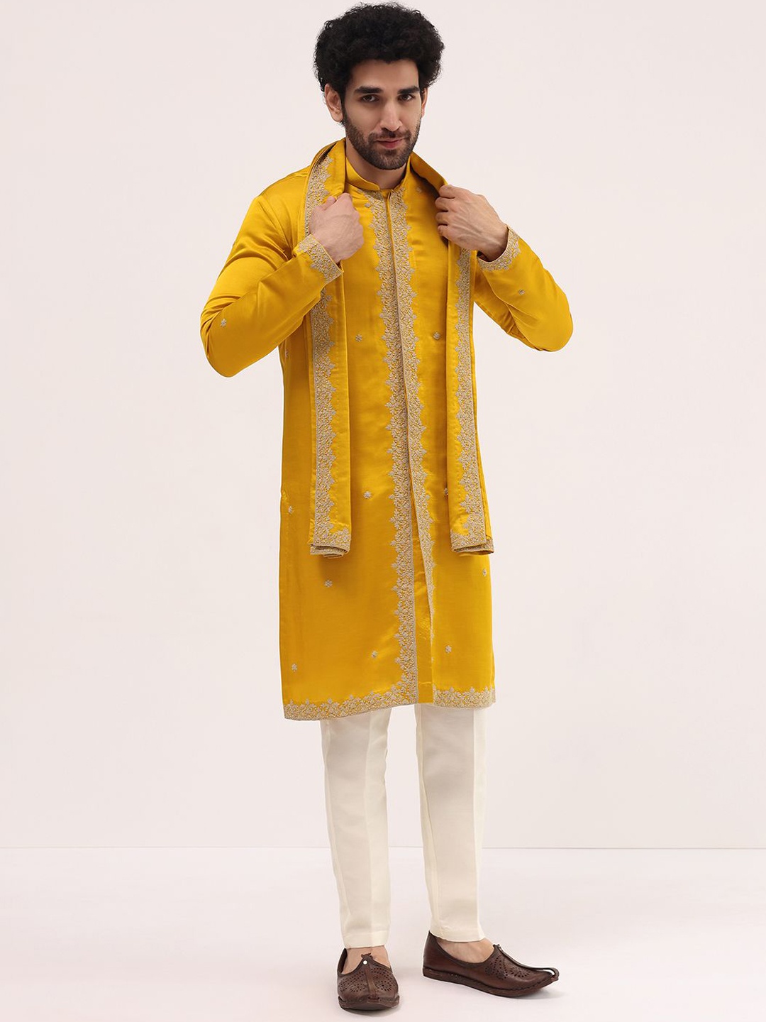 

KALKI Fashion Men Embroidered Regular Kurta with Trousers & With Dupatta, Yellow