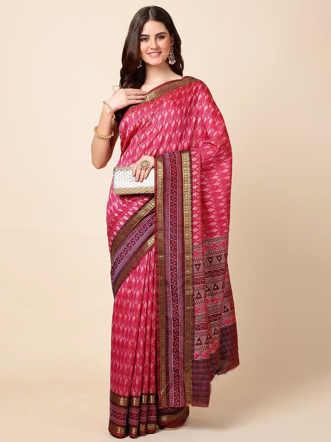 

Meena Bazaar Ethnic Motifs Zari Saree, Pink