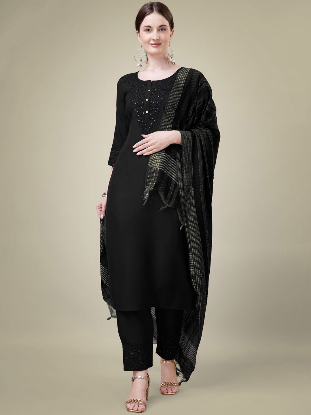 

Rujave Women Paisley Embroidered Regular Sequinned Kurti with Trousers & With Dupatta, Black