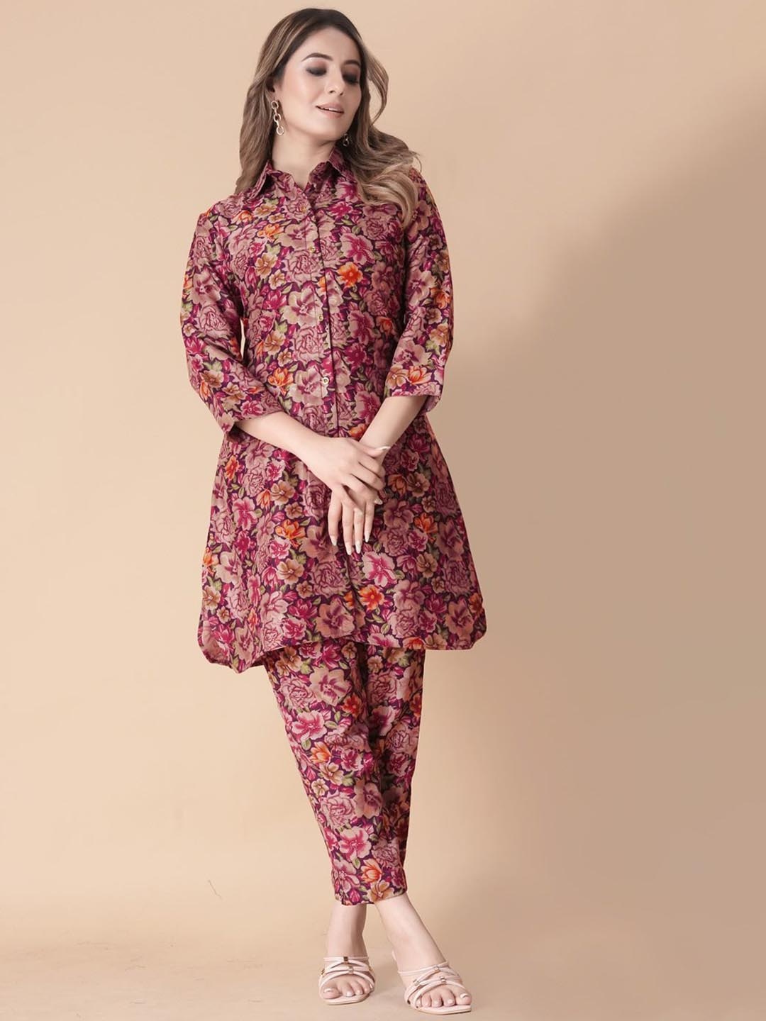 

KALINI Printed Shirt-Collar Tunic With Trouser Co-Ords, Maroon