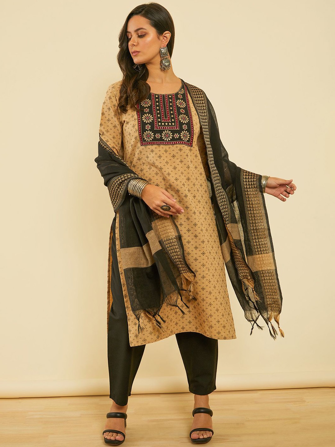 

Soch Women Printed Regular Mirror Work Kurta with Trousers & With Dupatta, Brown