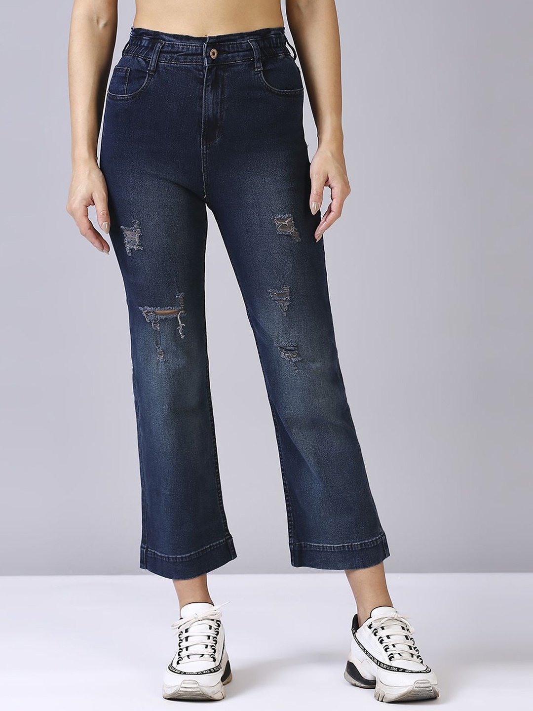 

Blum Denim Women Straight Fit High-Rise Highly Distressed Light Fade Stretchable Jeans, Blue