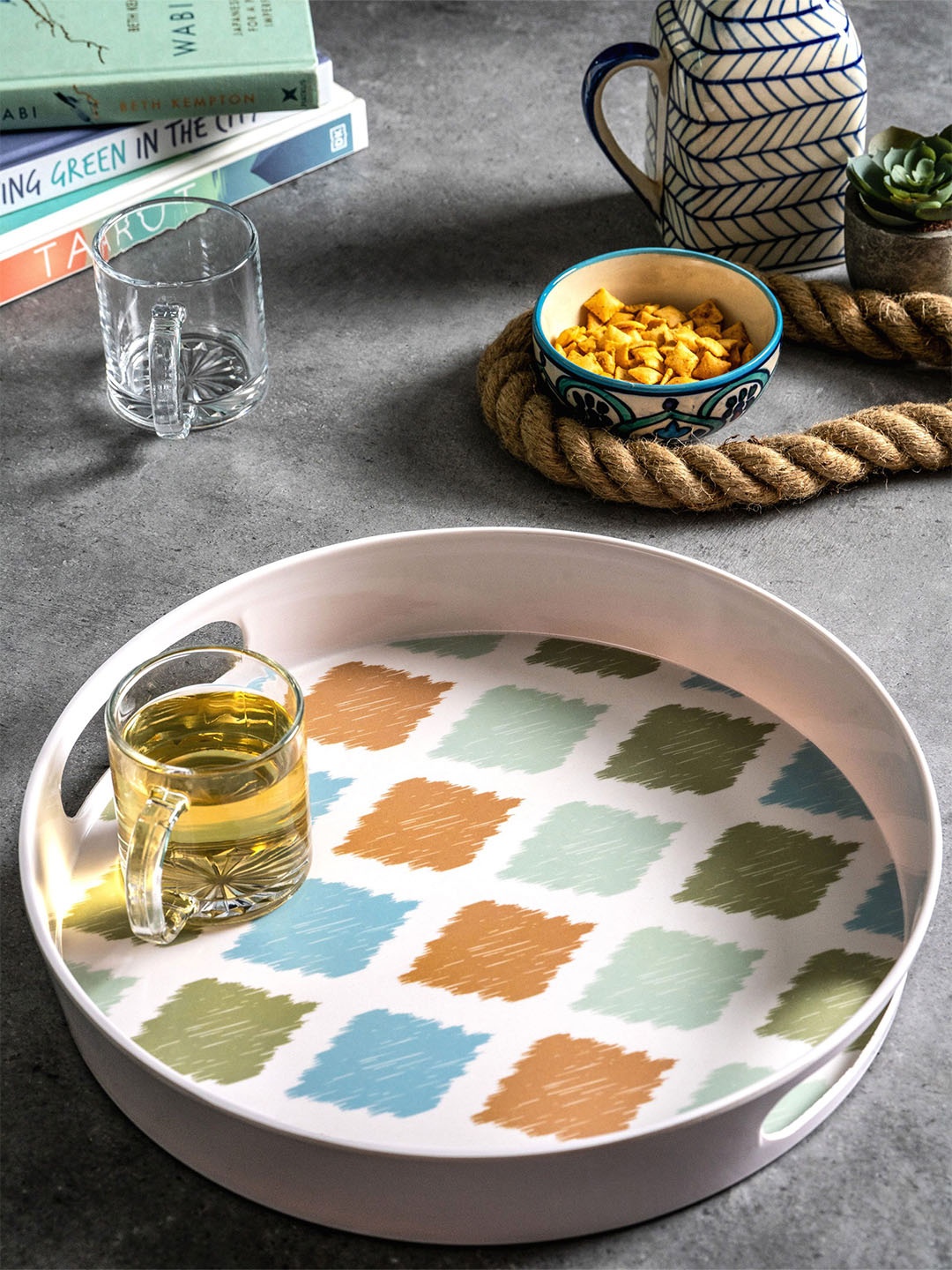 

GOODHOMES White & Yellow Printed Melamine Round Serving Tray