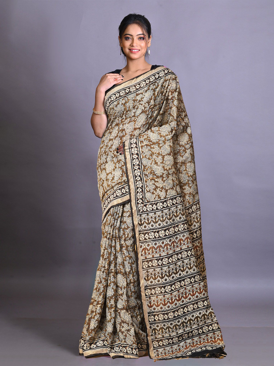 

Unnati Silks Ethnic Motifs Zari Silk Cotton Handloom Bagru Saree, Green