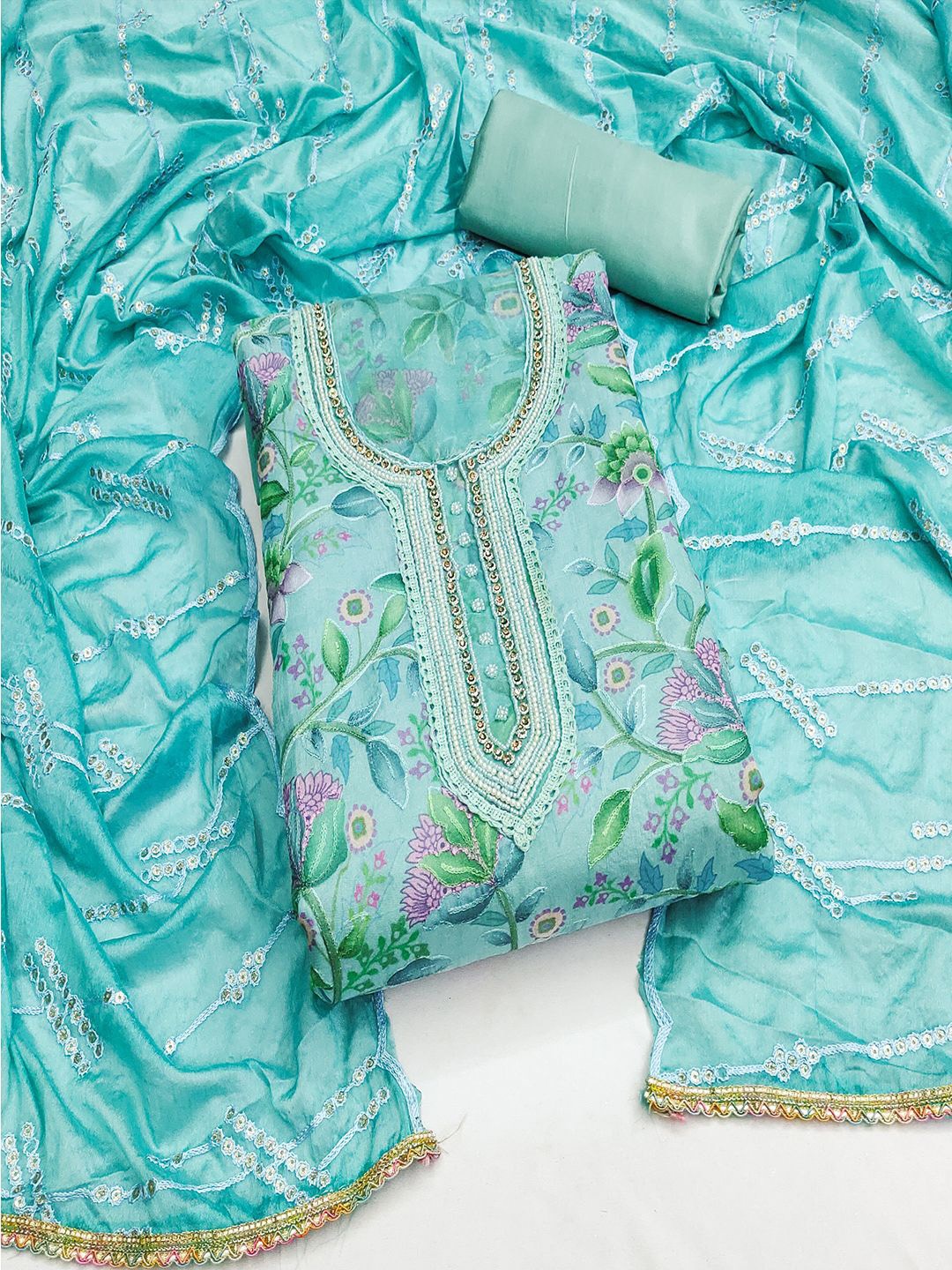 

Lilots Organza Unstitched Dress Material, Teal