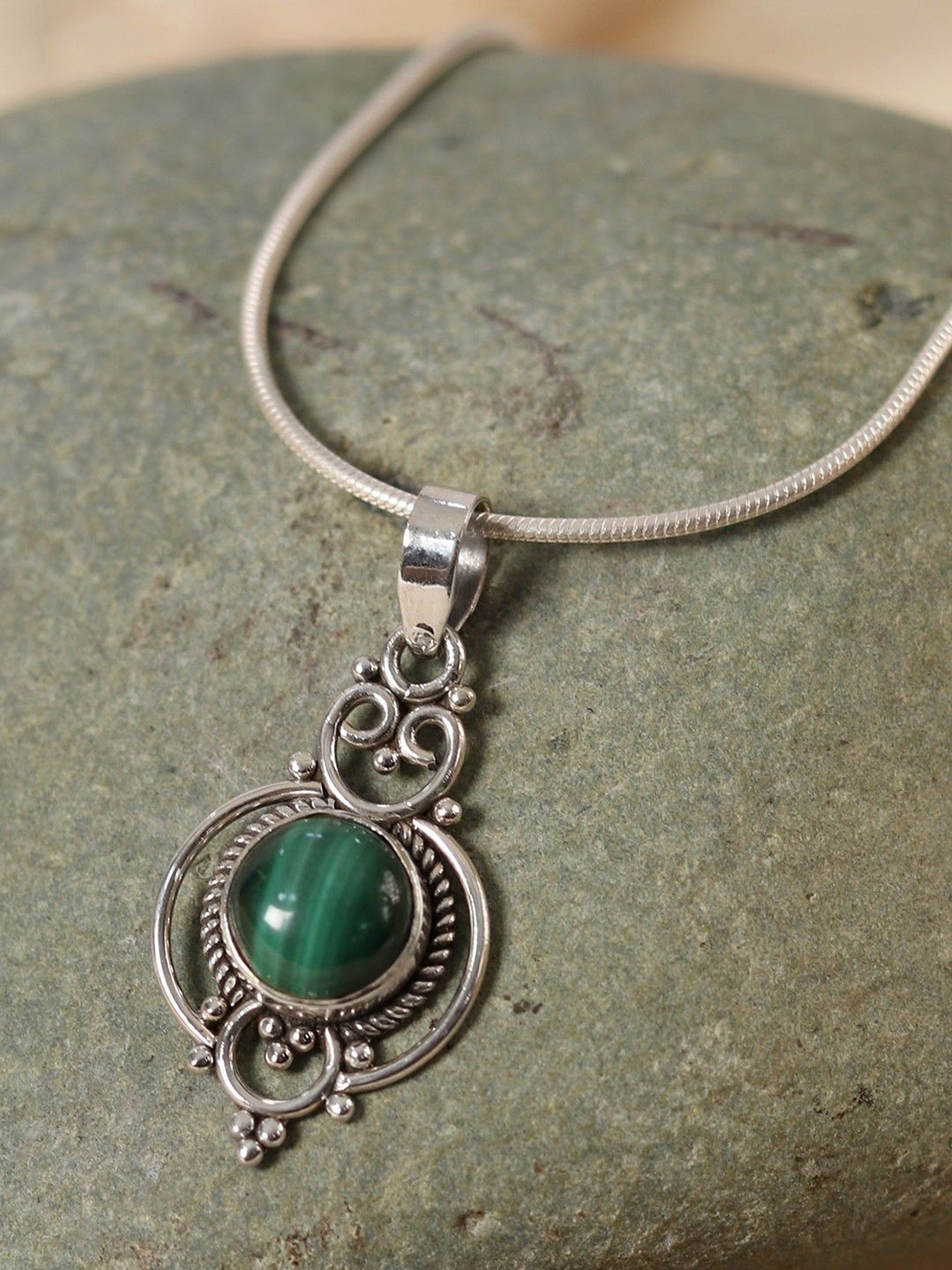 

Exotic India Malachite Stone Patterned Designer Sterling Silver Pendant