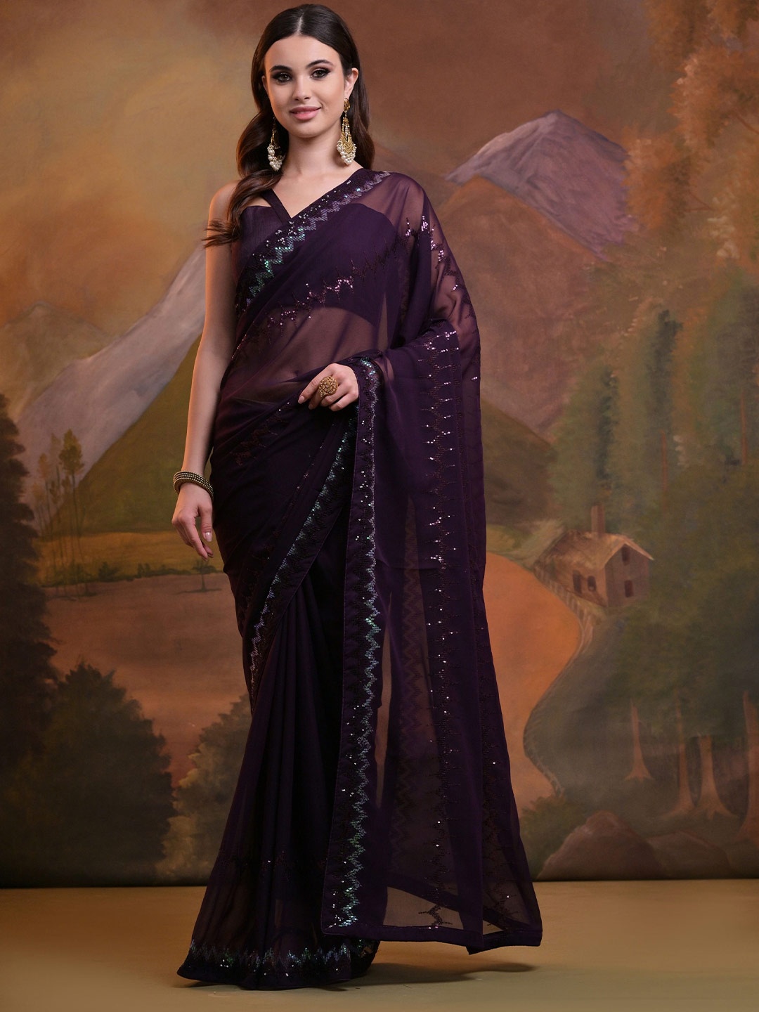 

Globon Impex Striped Sequinned Pure Georgette Saree, Burgundy