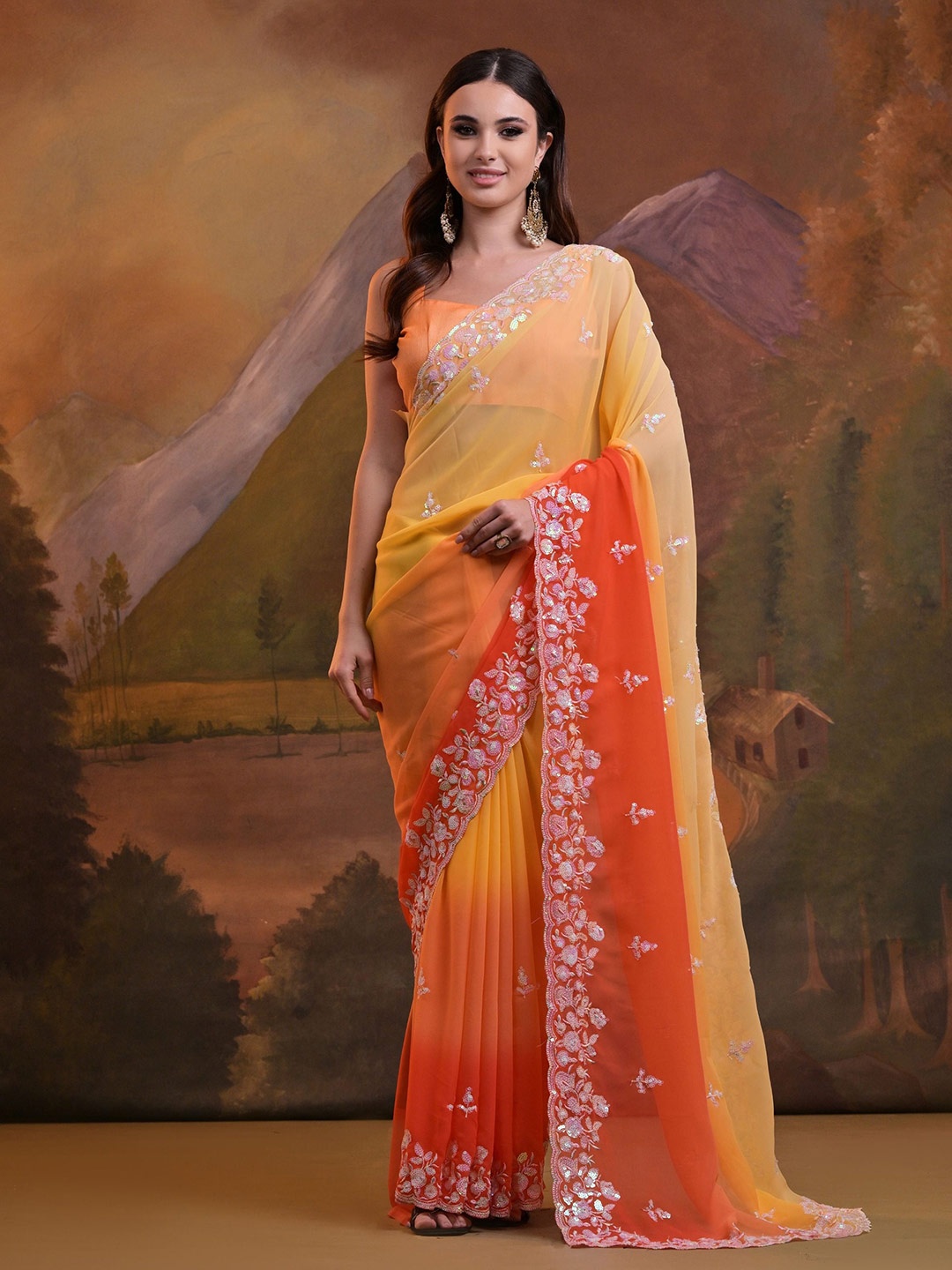 

Globon Impex Ethnic Motif Sequinned Pure Georgette Ombre Saree, Yellow