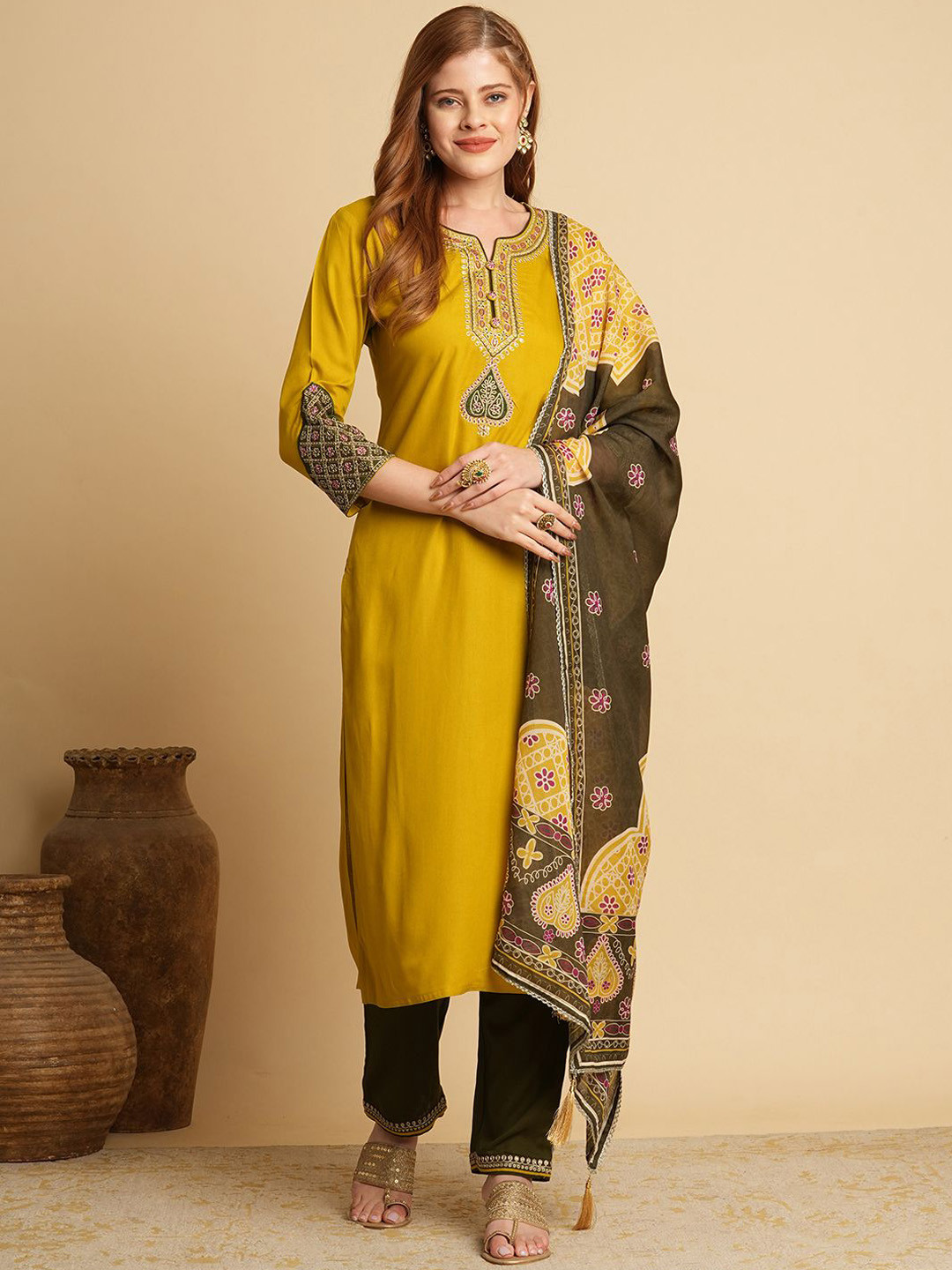 

FASHOR Women Floral Embroidered Regular Sequinned Kurta with Trousers, Mustard