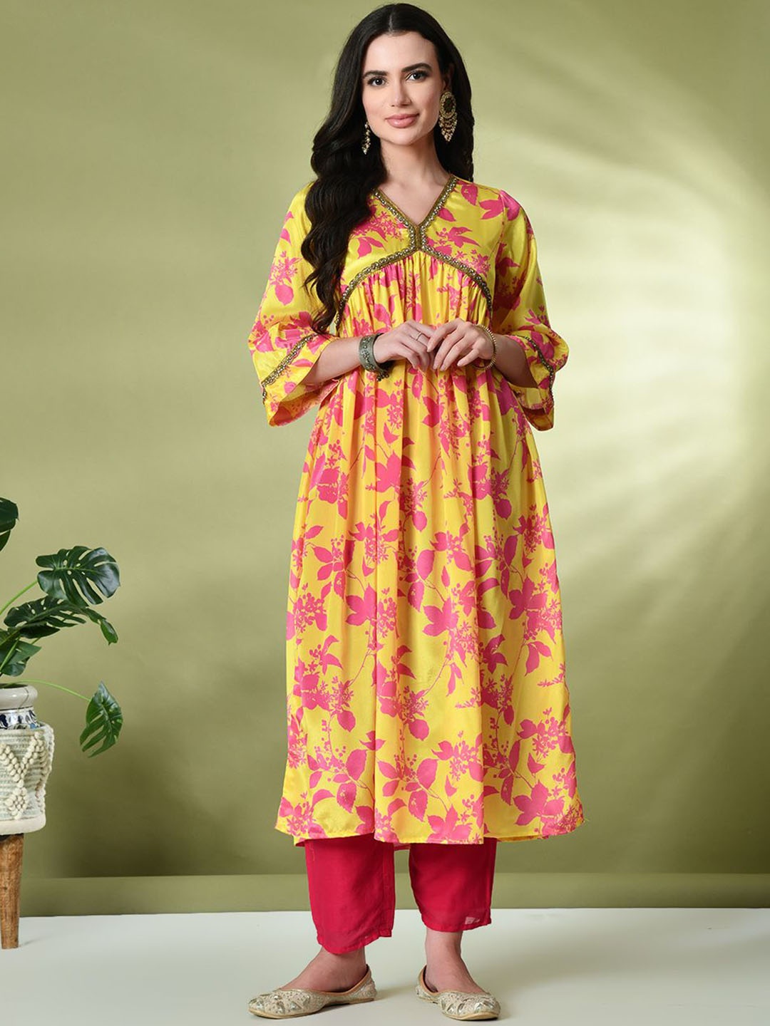 

Sangria Floral Printed Alia-Cut Kurtas, Yellow