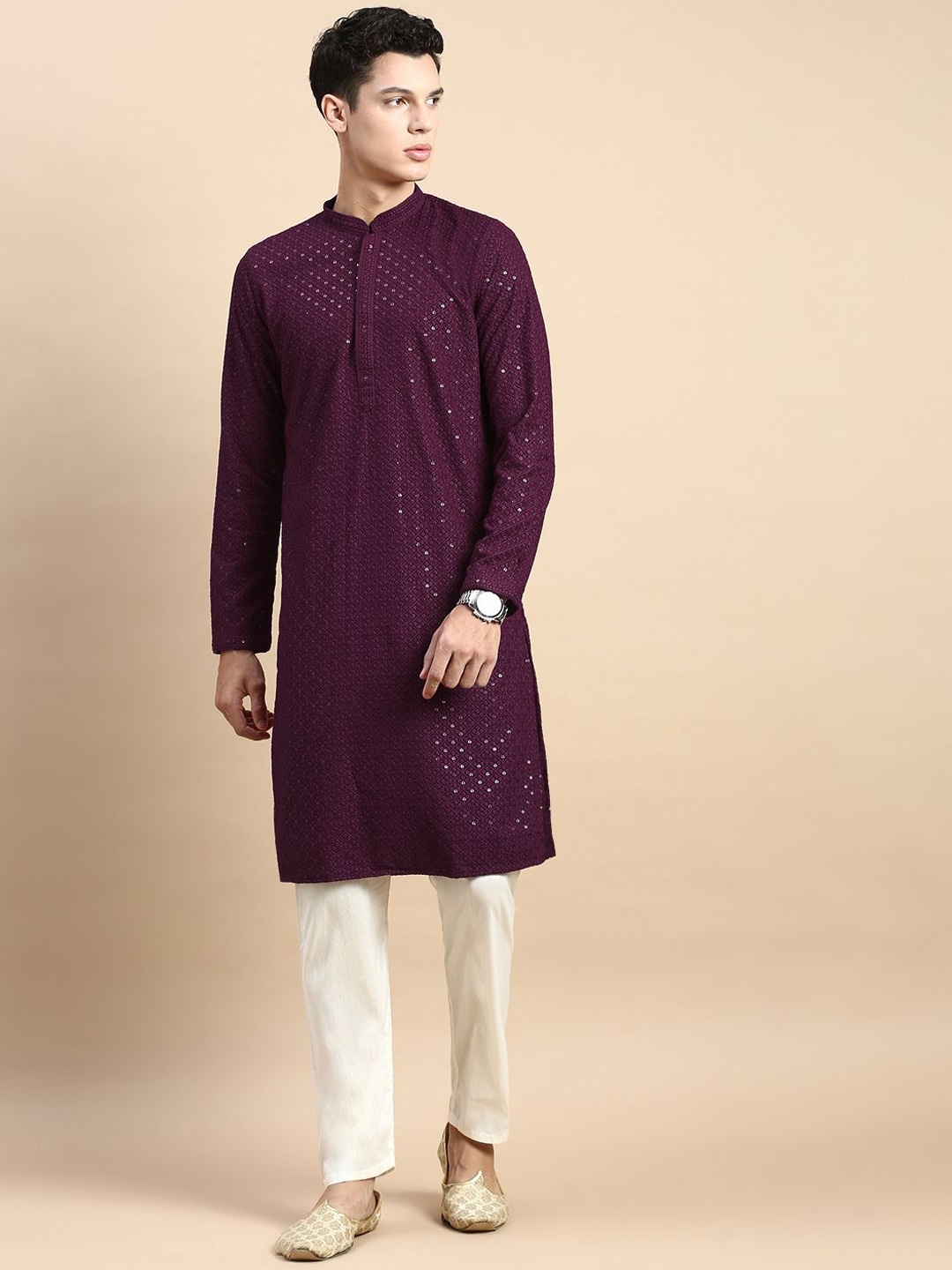 

Rishika Men Floral Embroidered Regular Sequinned Pure Cotton Kurta with Pyjamas, Burgundy