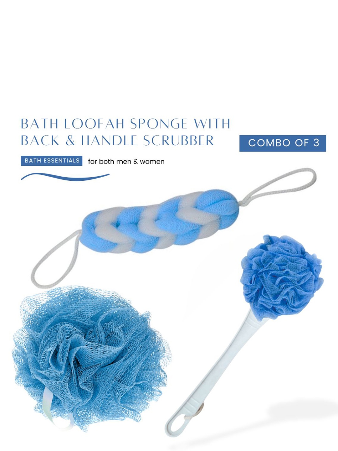 

CareDone Set Of 3 Large Bath Loofah Sponge Scrubber Exfoliator For High Lather Cleansing, Blue