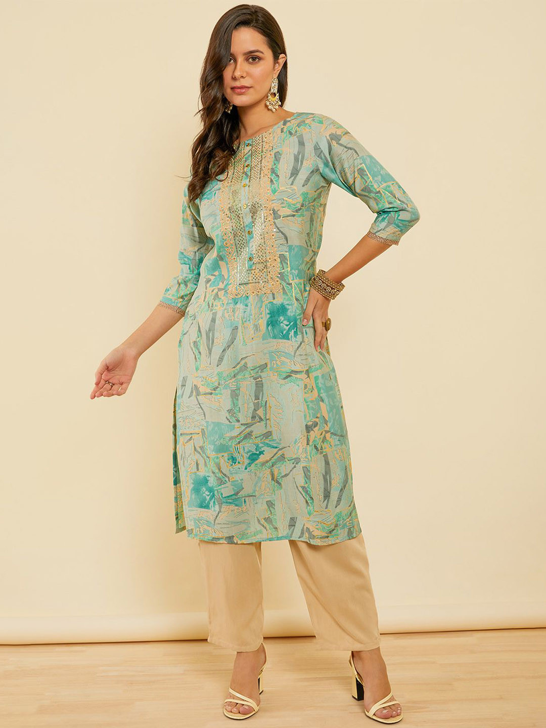 

Soch Women Printed Regular Sequinned Kurta with Trousers & With Dupatta, Turquoise blue