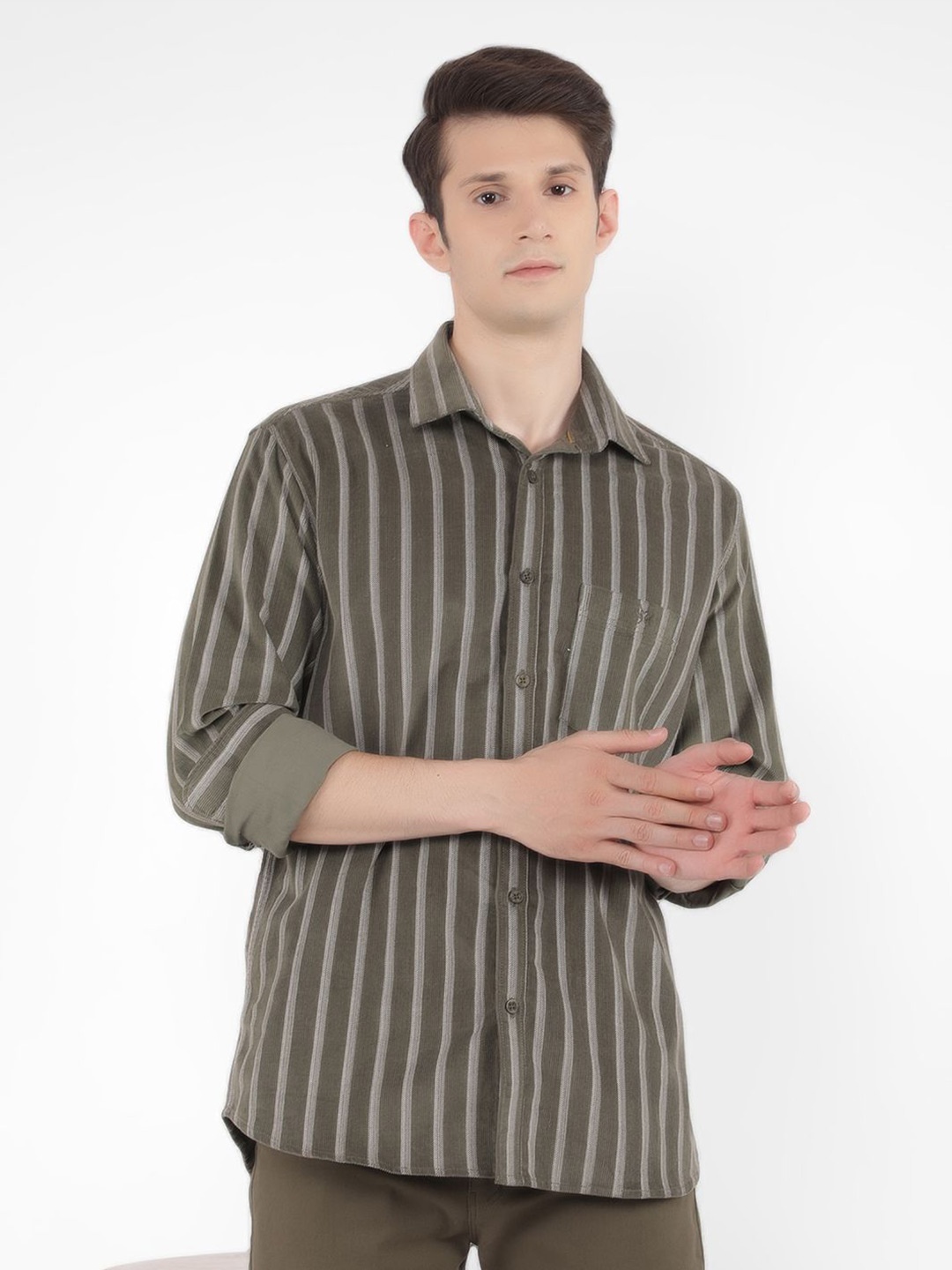 

Crimsoune Club Men Classic Slim Fit Opaque Striped Casual Shirt, Olive