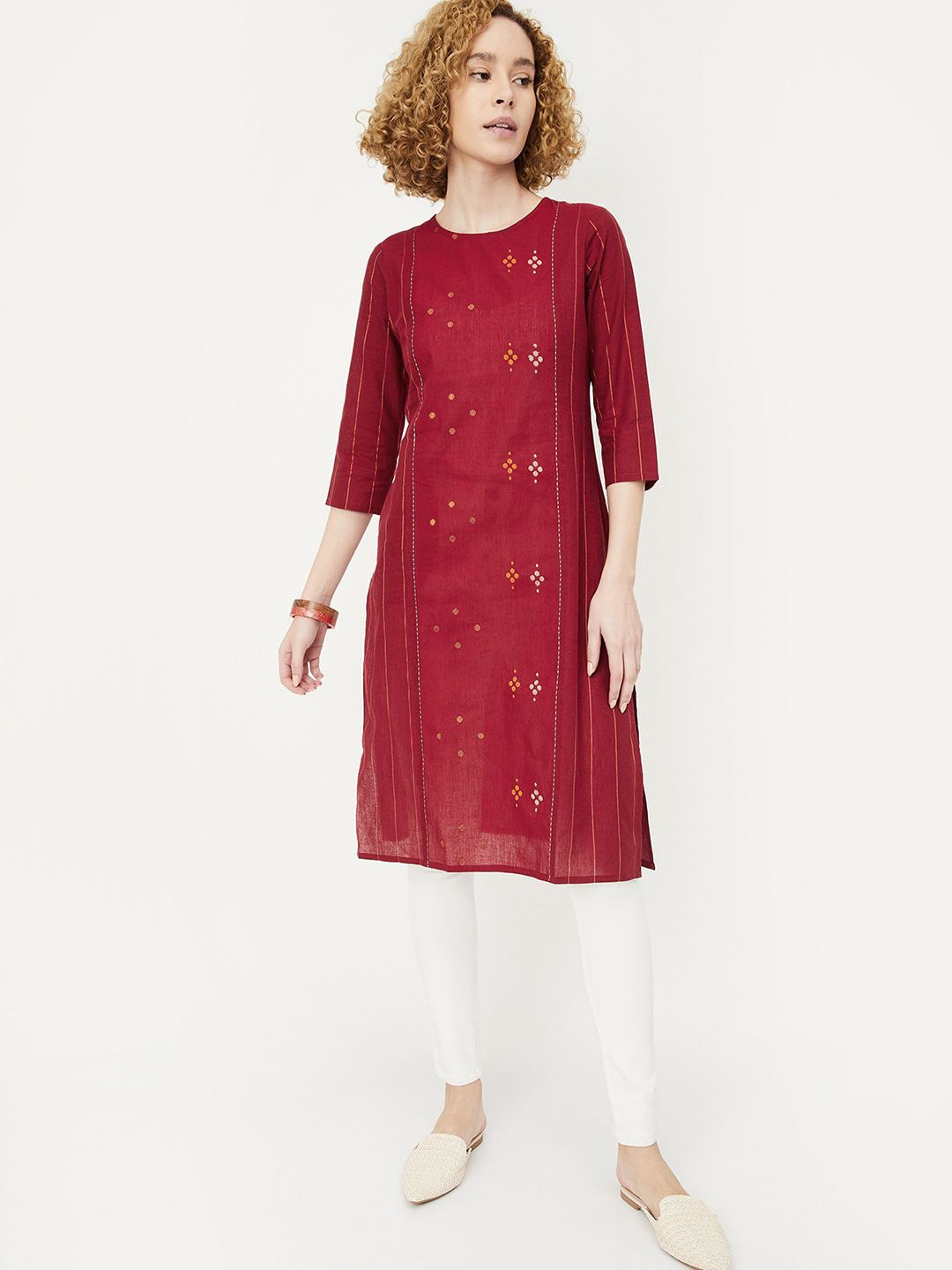 

max Women Ethnic Motifs Checked Mirror Work Kurta, Red