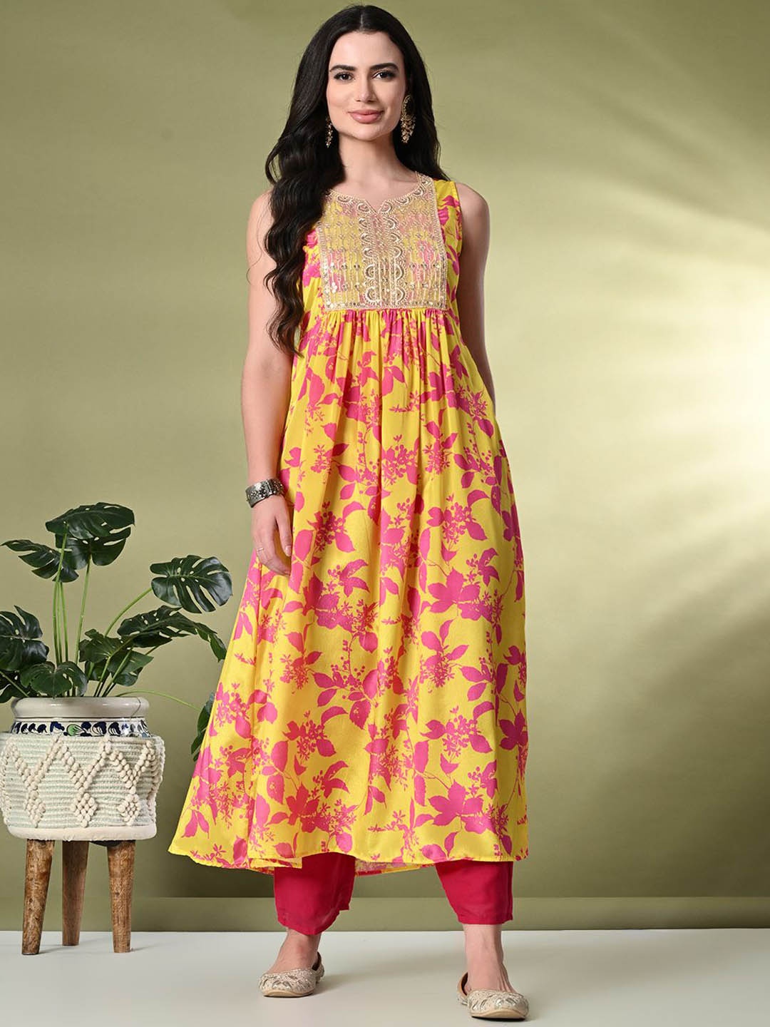 

Sangria Printed Embroidred Kurtas, Yellow