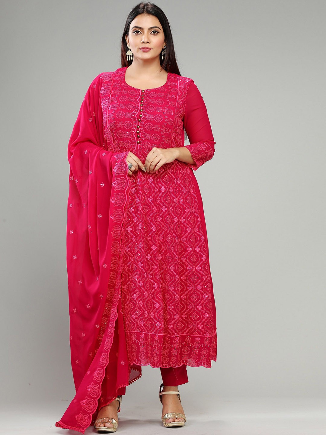 

COTTON CULTURE Women Floral Embroidered Regular Kurta with Churidar & With Dupatta, Pink