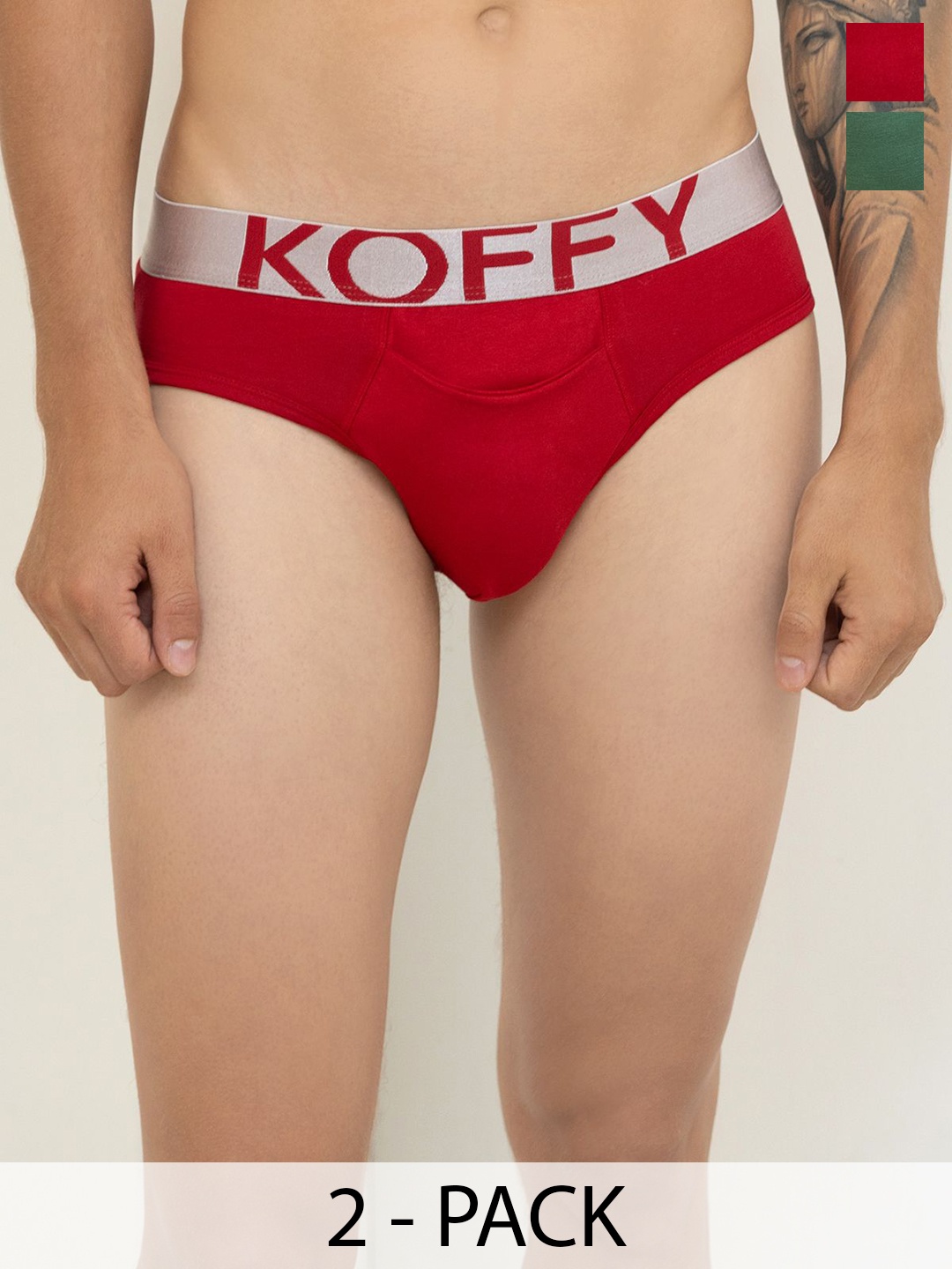 

KOFFY Men Solid 2 Pcs Cotton Mid Rise Basic Briefs KOFFY_KI23_TGRD_GN_2PC, Red