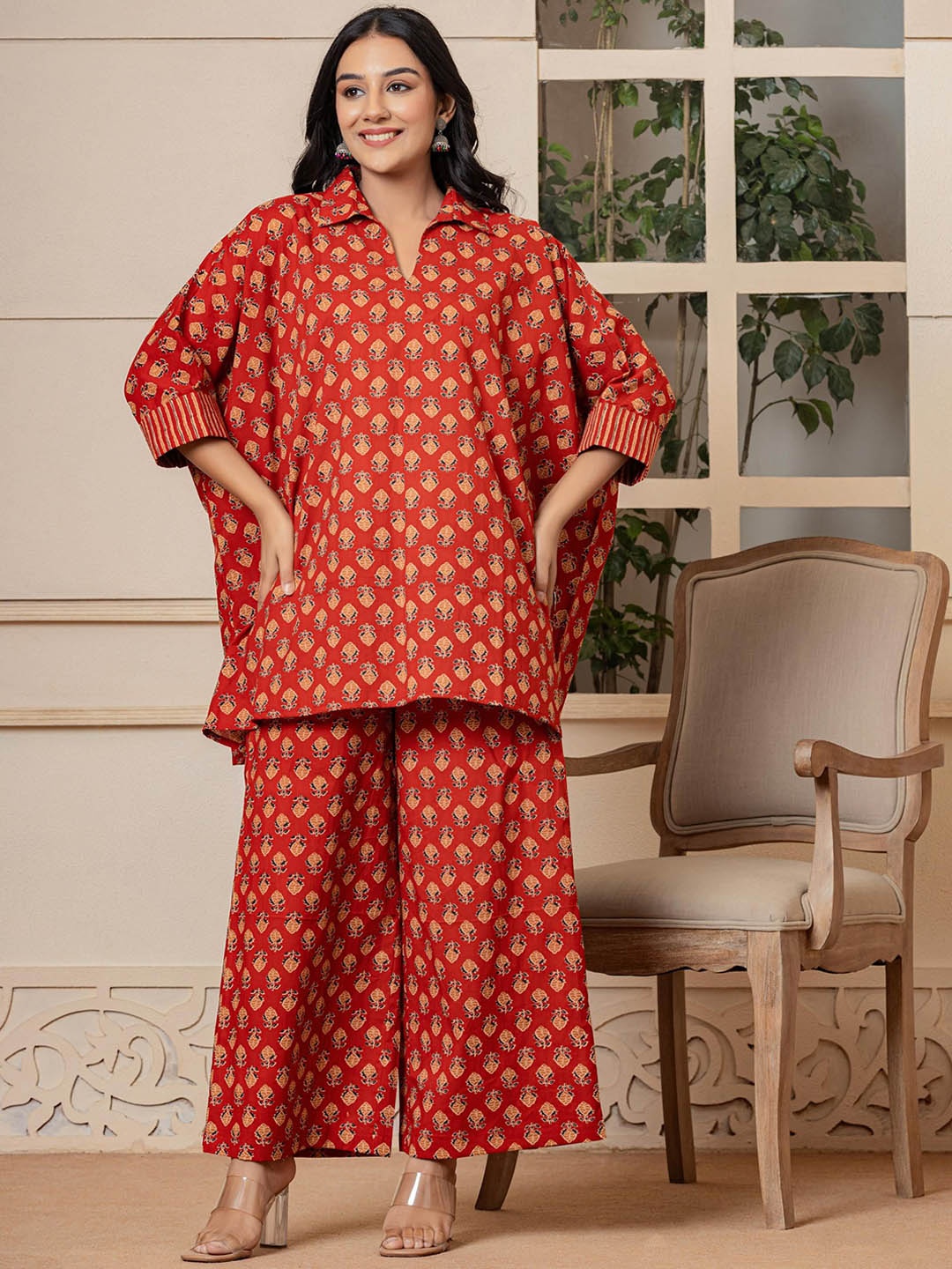 

Rouhab Floral Printed Pure Cotton Kaftan Kurti With Palazzos, Red