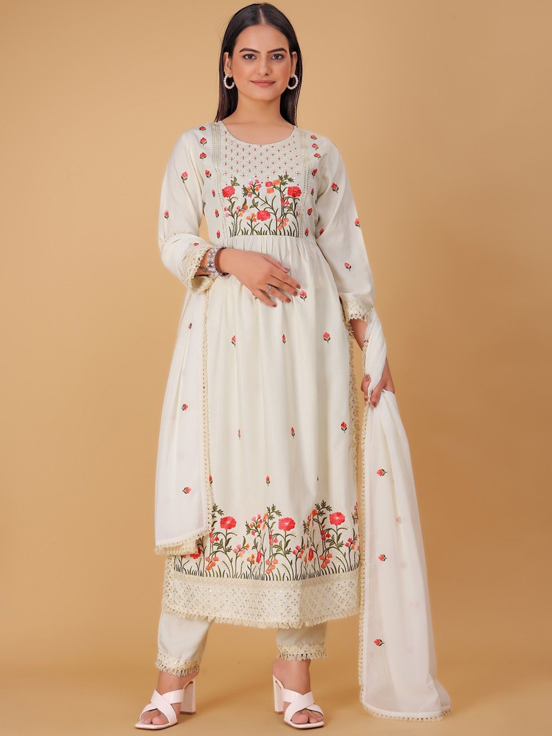 

S.K.C Floral Embroidered Pleated A-Line Kurta with Trousers & Dupatta, Off white