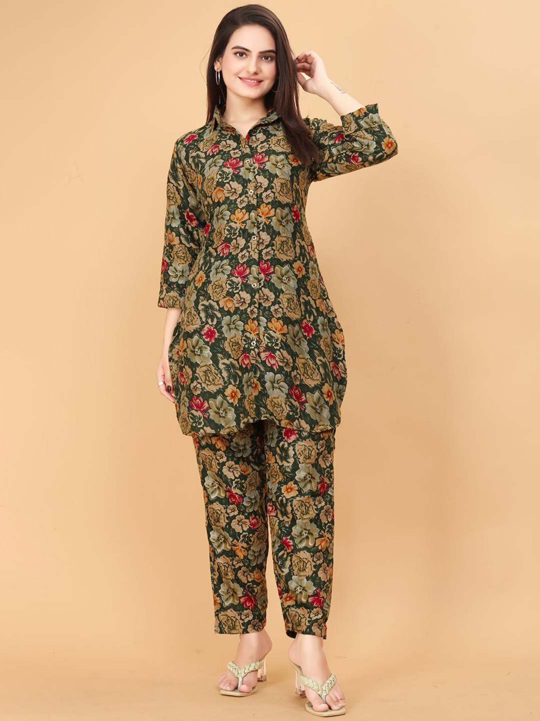 

KALINI Printed Shirt With Palazzo Co-Ords, Green