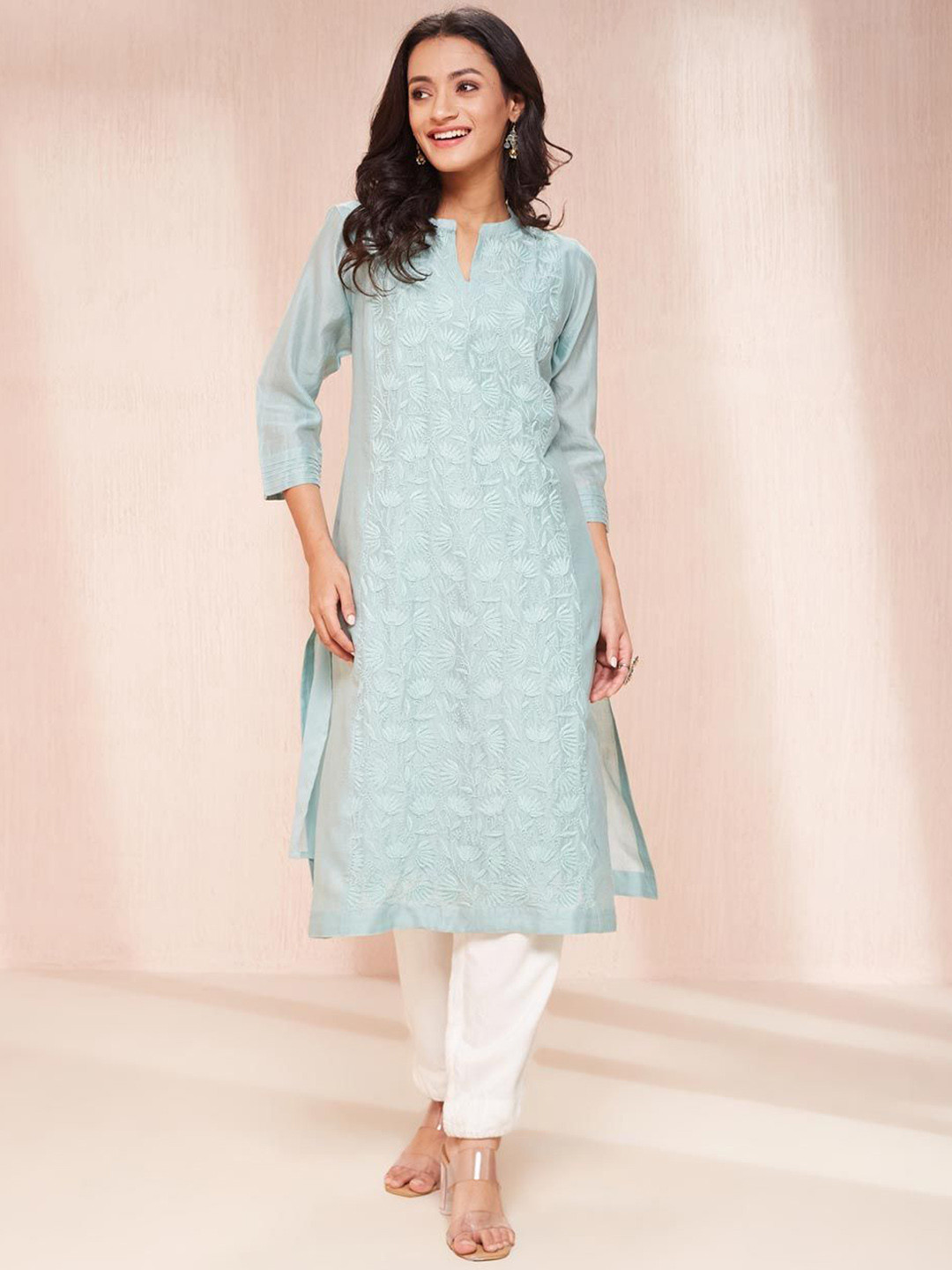 

Fabindia Women Embroidered Flared Sleeves Thread Work Kurta, Blue