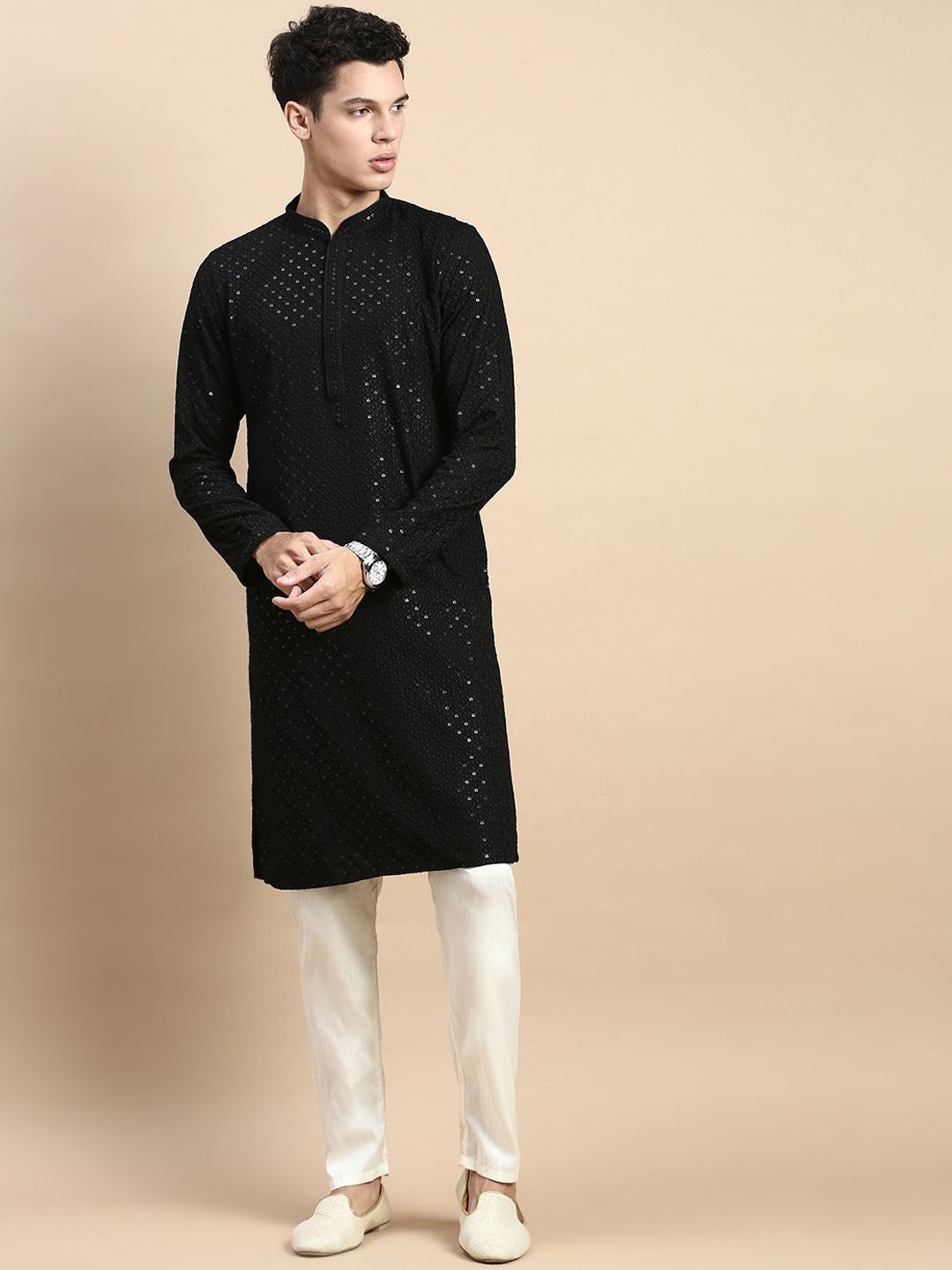 

Rishika Men Ethnic Motifs Embroidered Regular Sequinned Pure Cotton Kurta with Pyjamas, Black