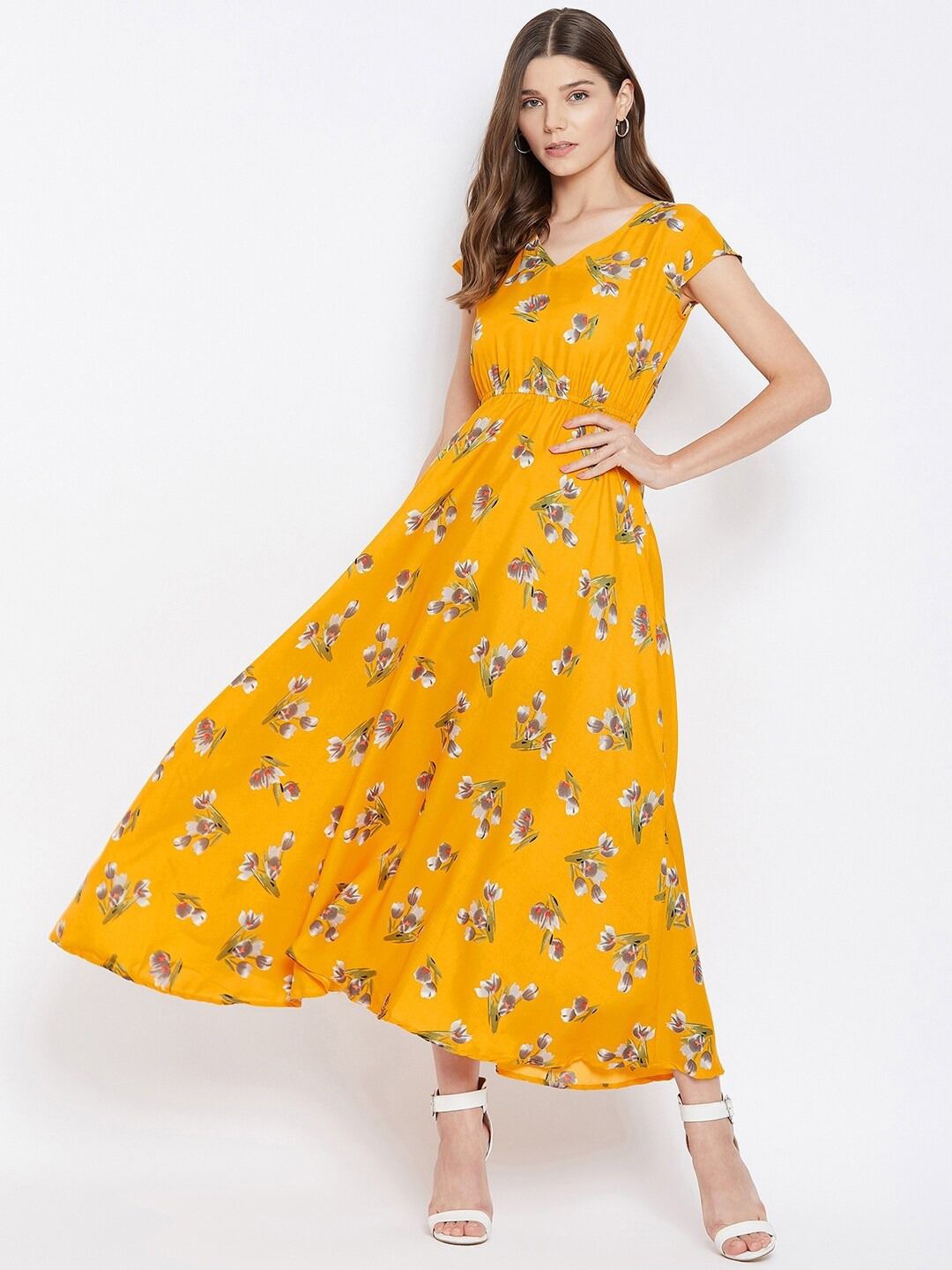 

U&F Floral Printed Fit & Flare Maxi Dress, Mustard