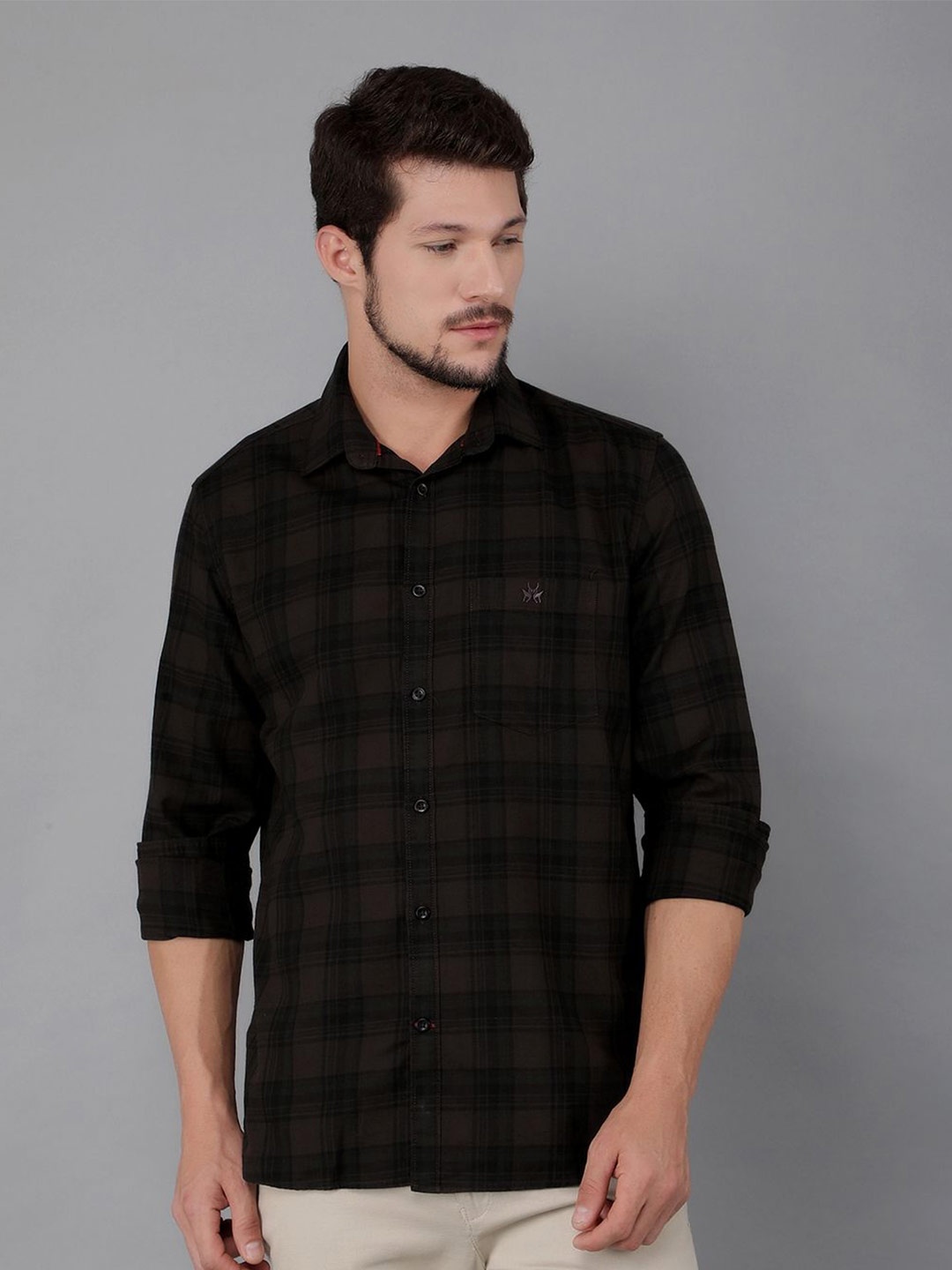 

Crimsoune Club Men Classic Slim Fit Tartan Checks Opaque Checked Casual Shirt, Brown