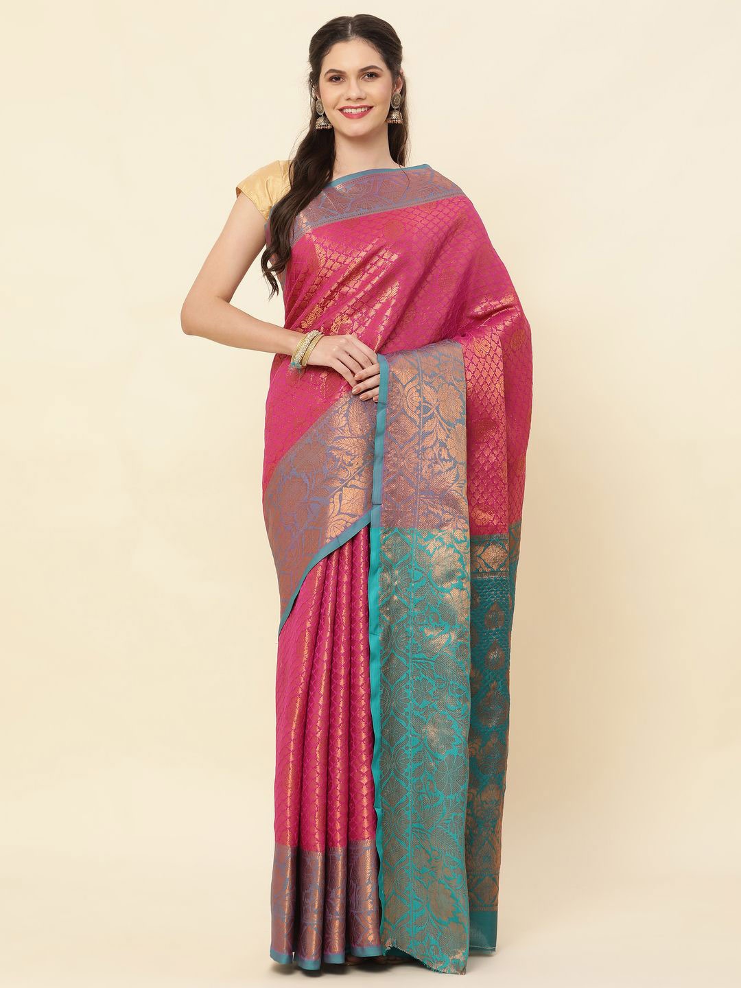 

High Five Tex Ethnic Motif Zari Woven Pure Silk Kanjeevaram Saree, Pink