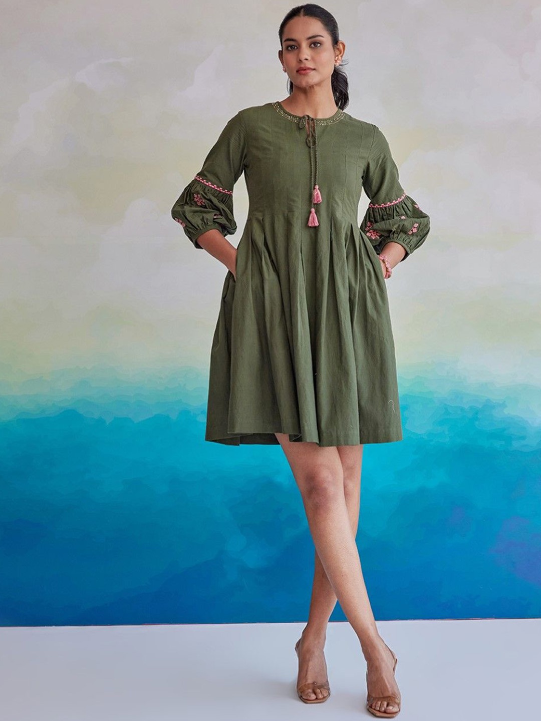 

AUTUMN LANE Embroidered Cotton A-Line Ethnic Dress, Green