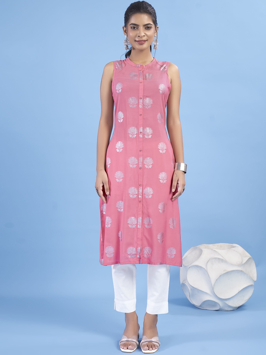 

IWUMAN Ethnic Motifs Printed Mandarin Collar A Line Kurta, Pink