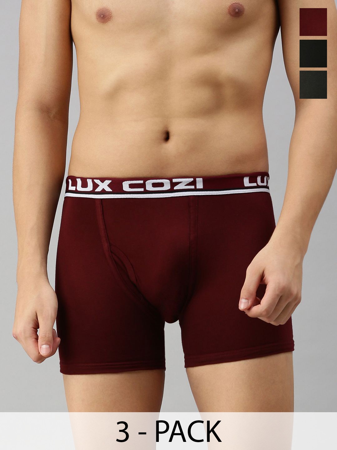 

Lux Cozi Pack Of 3 Men Assorted Pure Cotton Trunks COZI_BIGSHOT_LONGS_PLAIN_ASST1_3PC, Maroon