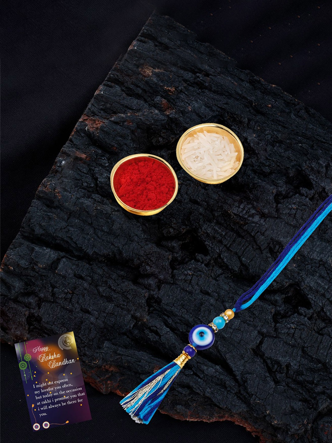 

Silver Shine 4-Pcs Rakhi With Greeting Card & Roli Chawal Gift Set, Blue