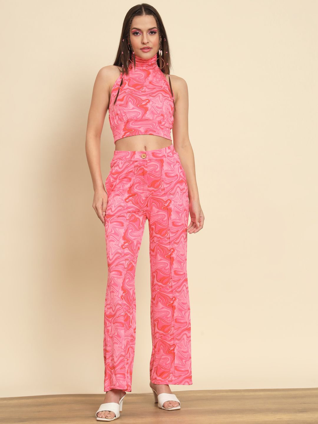 

TANDUL Halter Neck Printed Top and Trousers, Pink