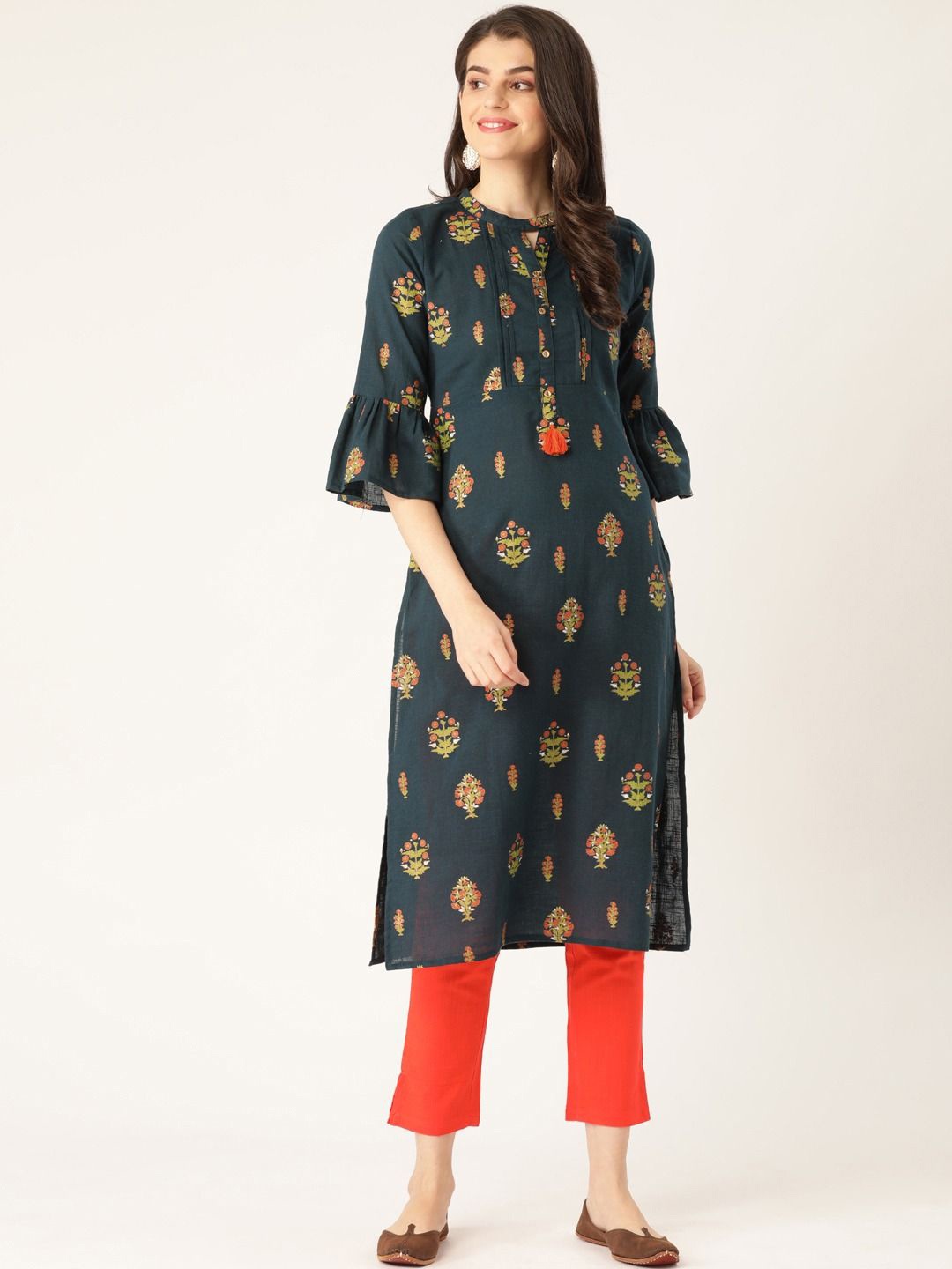 

Anouk Women Ethnic Motifs Printed Regular Kurta with Trousers, Teal