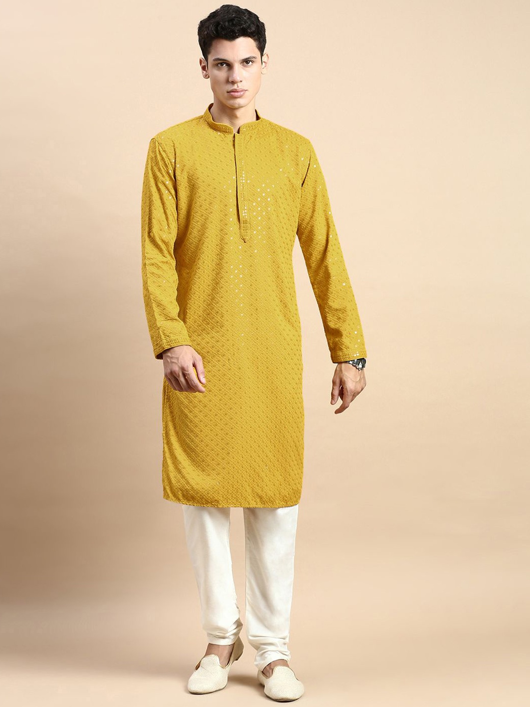 

Rishika Men Embroidered Regular Sequinned Pure Cotton Kurta with Pyjamas, Yellow