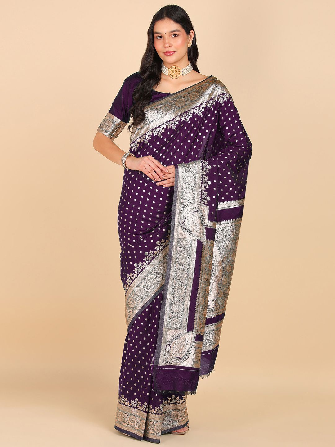 

LEAFFEB Woven Design Zari Pure Silk Banarasi Saree, Violet