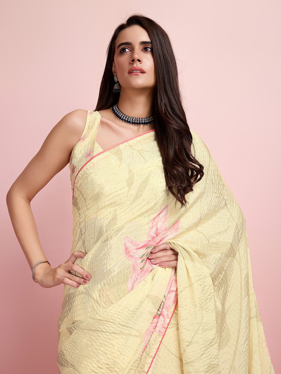 

Mitera Floral Embroidered Saree, Yellow
