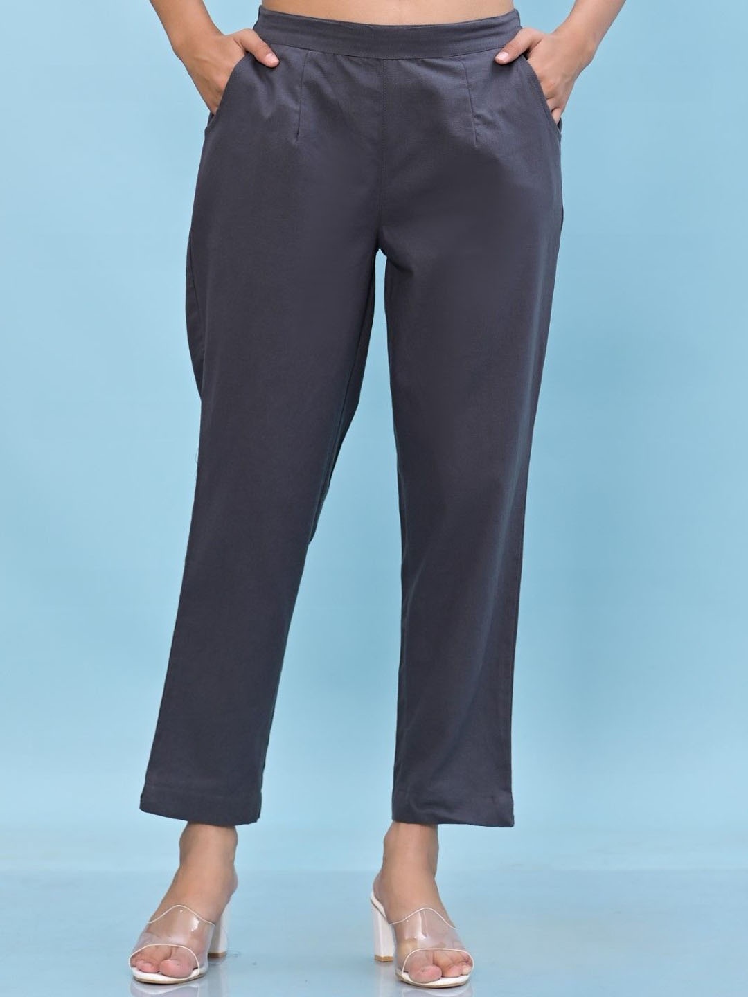 

Juniper Grey Solid Cotton Pants With Partially Elasticated Waistband And Two Side Pockets