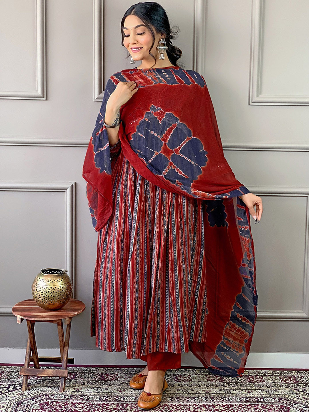 

KALINI Women Floral Embroidered Panelled Thread Work Pure Cotton Kurta with Trousers & With Dupatta, Maroon