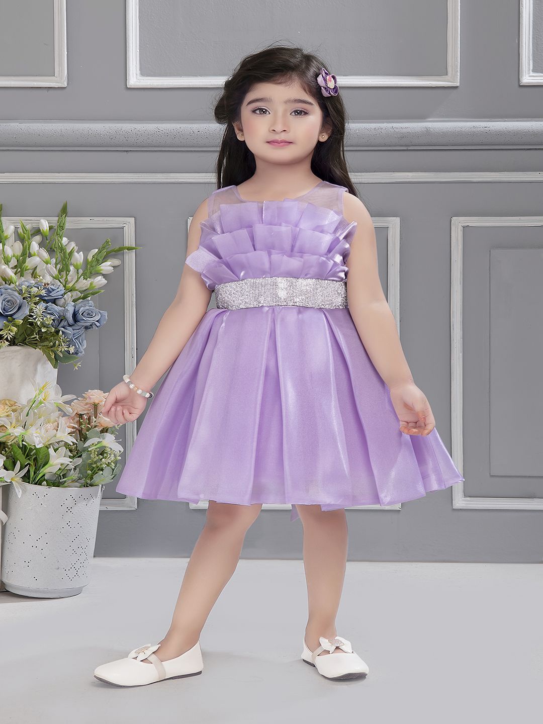 

Ministitch Girls Sleeveless Organza Fit & Flare Dress, Purple