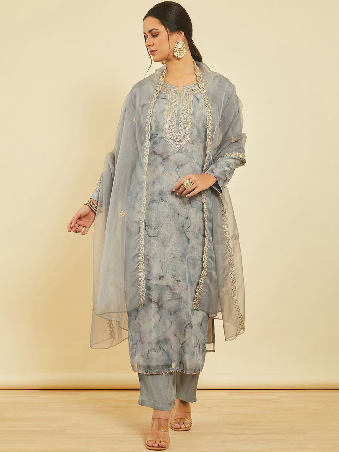 

Soch Printed Organza Unstitched Dress Material, Grey