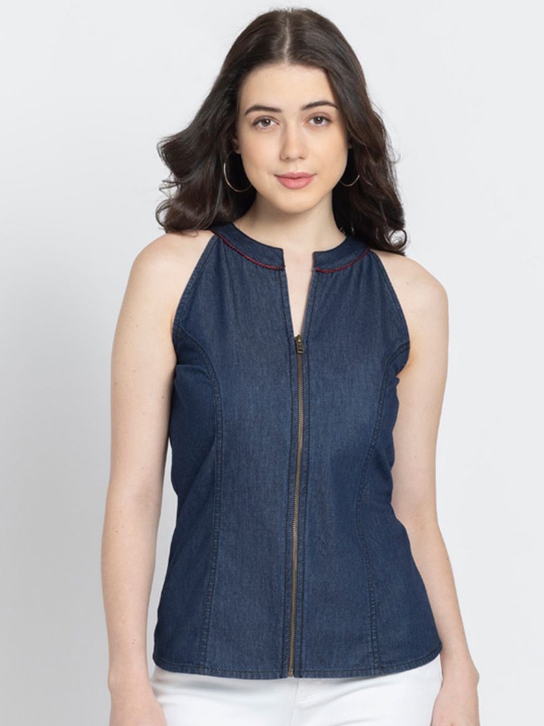 

SHAYE Mandarin Collar Denim Top, Blue
