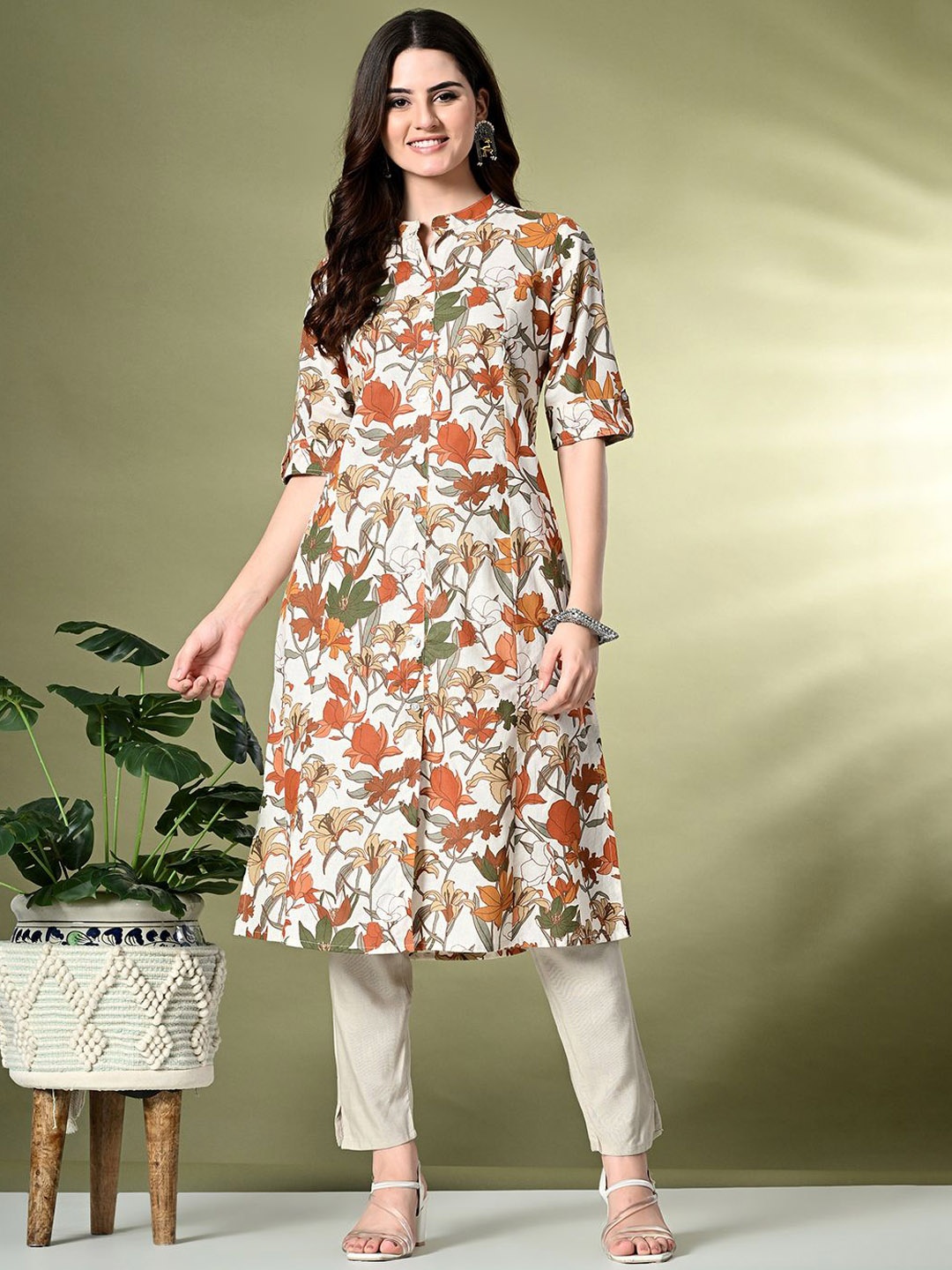 

Sangria Printed Cotton A-Line Kurtas, Off white