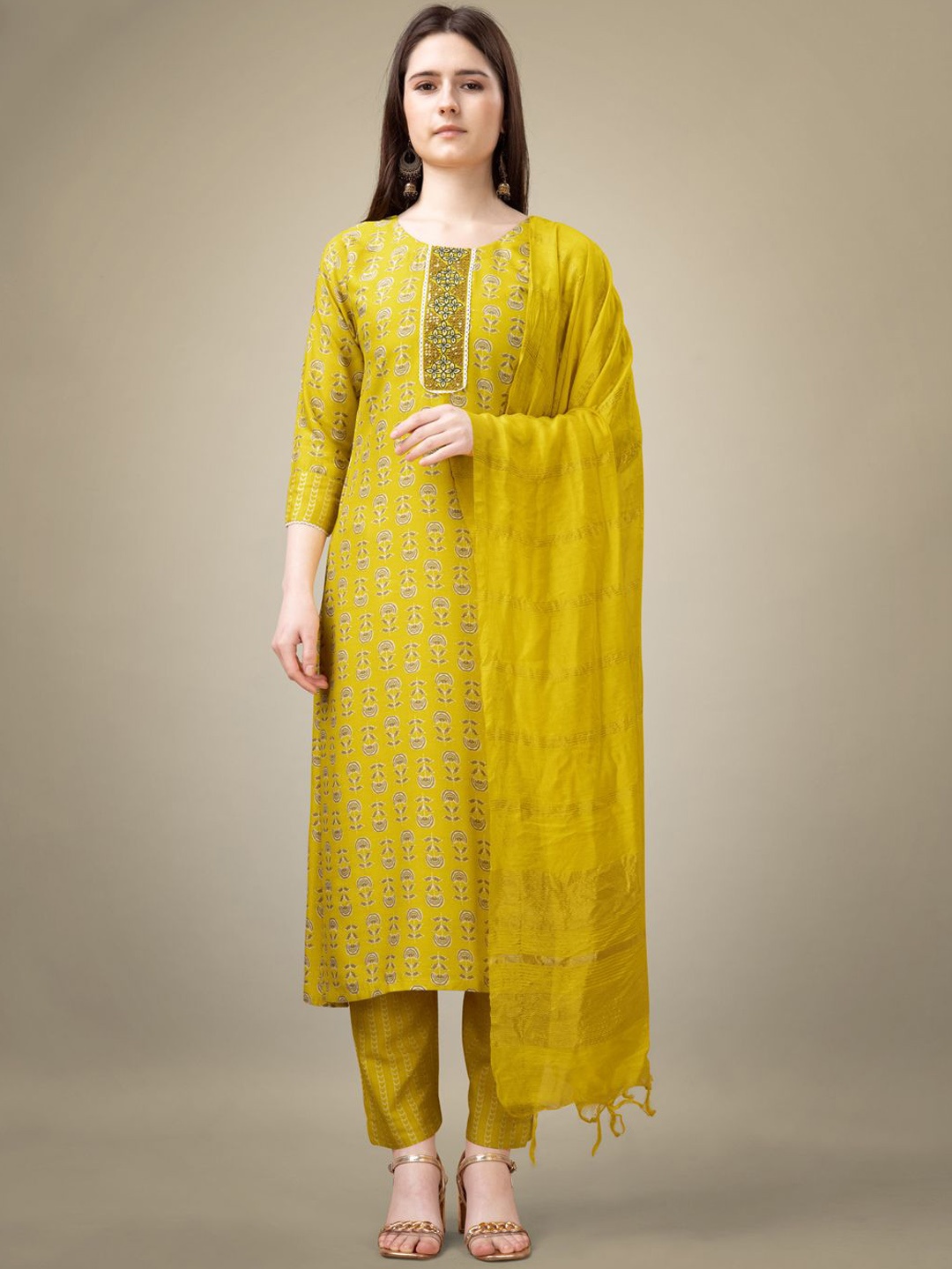 

Rujave Women Paisley Embroidered Regular Sequinned Kurti with Trousers & With Dupatta, Yellow