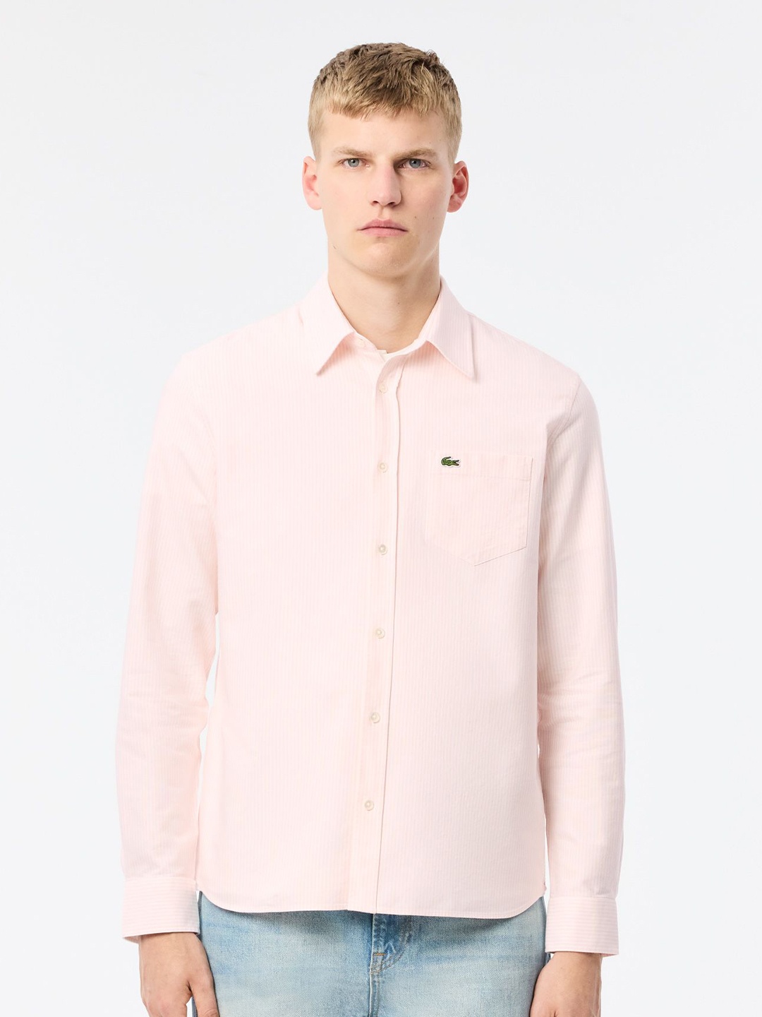 

Lacoste Men Cutaway Collar Vertical Striped Cotton Casual Shirt, Pink