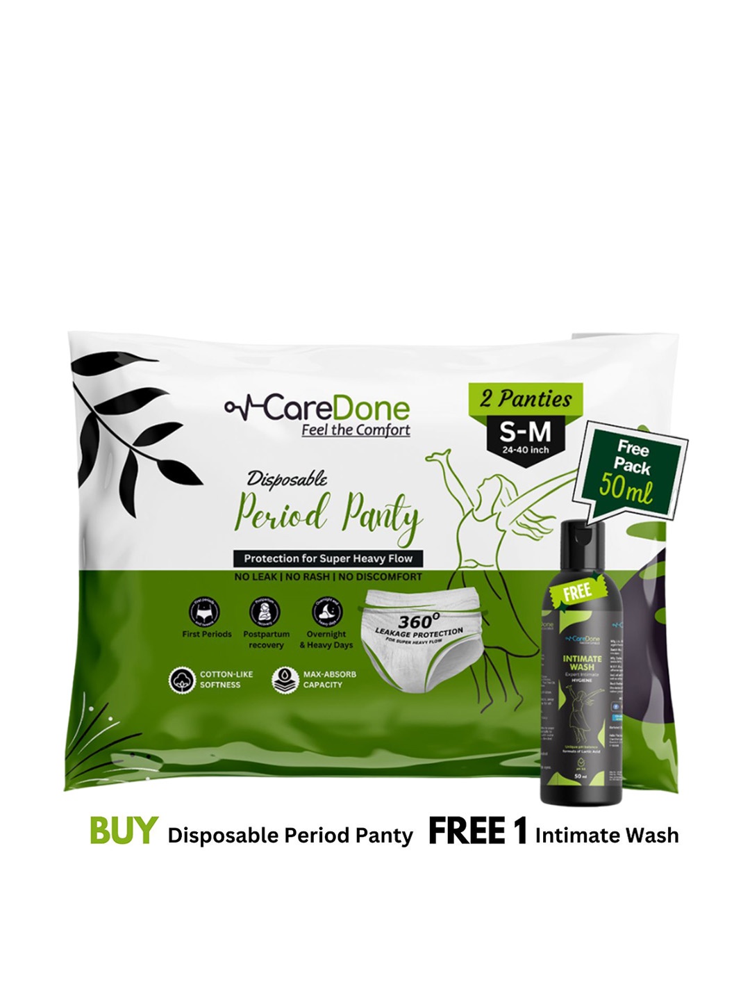 

CareDone Leak Proof Disposable Period Panties Size S-M - 2Pcs with Free Intimate Wash 50ml, White